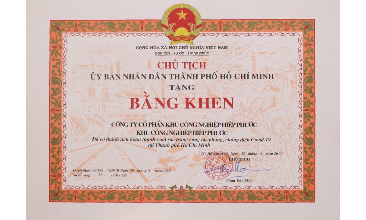 Certificate Of Merit From Ho Chi Minh City People's Committee: Excellent Performance In Covid-19 Prevention And Control | Hiep Phuoc Industrial Park Joint Stock Company