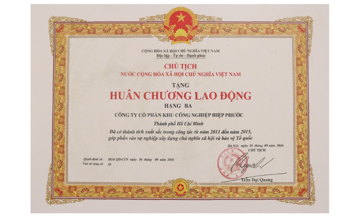 Hiep Phuoc Industrial Park Joint Stock Company Received The 3Rd Class Labor Medal | Hiep Phuoc Industrial Park Joint Stock Company